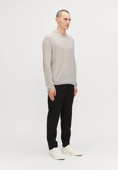 Pulover tricotat texturat gri deschis cu mâneci lungi, asociat cu pantaloni negri și adidași albi. Design minimalist, siluetă ajustată.
