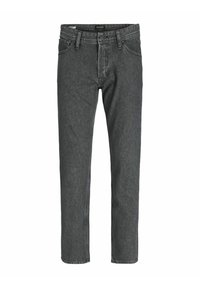 Jeans rectos de mezclilla en gris oscuro. Presentan cinco bolsillos, un cierre de botón y detalles de costura sutiles a lo largo de las costuras.