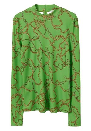 Chemise verte à manches longues avec un col montant et un motif chaîne marron sur toute la surface.