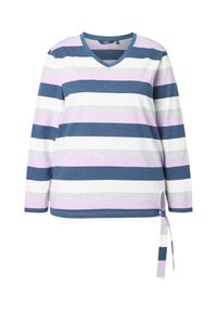 Gestreiftes Langarmoberteil mit blauen, grauen und lavendelfarbenen Streifen. V-Ausschnitt mit gebundenem Seitenelement. Weicher Stoff, lockere Passform.