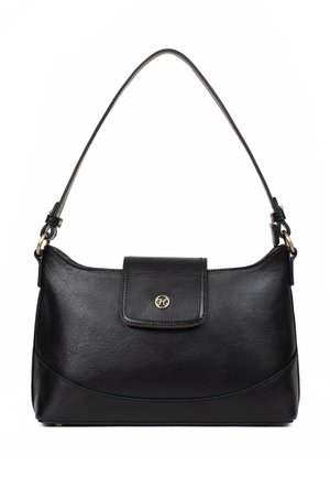 Black leather shoulder bag with a single strap, flap closure featuring a small gold emblem, and minimalist design.