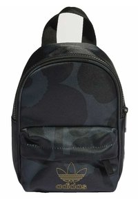 Black backpack with a textured fabric featuring a dark pattern, a zippered front pocket, and a gold logo at the bottom.
