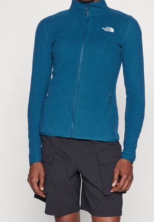 Osoba nosząca turkusową polarową kurtkę na suwak z logo The North Face oraz czarne szorty typu cargo na jednolitym tle.