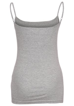 Szary top na ramiączkach z cienkimi regulowanymi paskami, wykonany z miękkiego bawełnianego materiału, o dopasowanym kroju i gładkiej fakturze. Bez wzorów i ozdób.