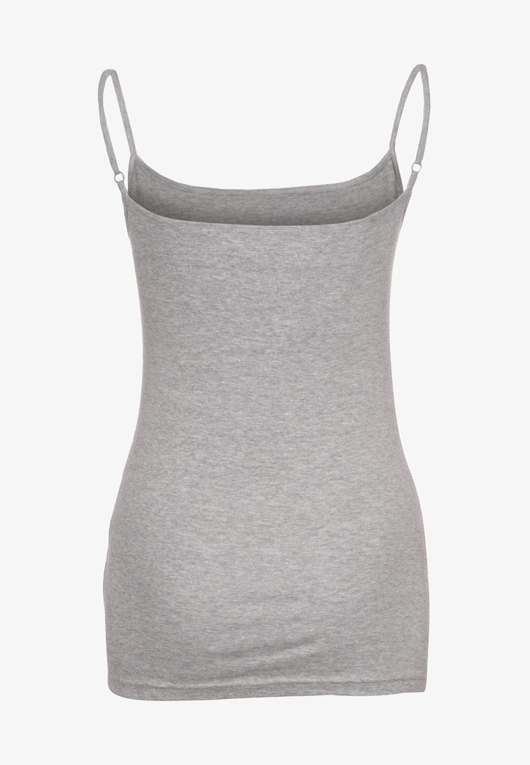 Débardeur gris avec fines bretelles réglables, en coton doux, au design ajusté et à la texture lisse. Sans motifs ni accents.