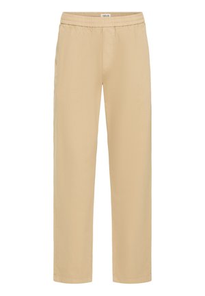 Beige trousers with an elastic waistband, straight-leg design, and side pockets. Made of lightweight fabric with a smooth texture.