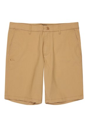 Beżowe szorty z zapięciem na guzik i szlufkami na pasek. Posiadają przednią kieszeń i małe logo jako akcent. Wykonane z gładkiej, lekkiej tkaniny.