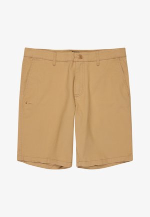 Beżowe szorty z zapięciem na guzik i szlufkami na pasek. Posiadają przednią kieszeń i małe logo jako akcent. Wykonane z gładkiej, lekkiej tkaniny.