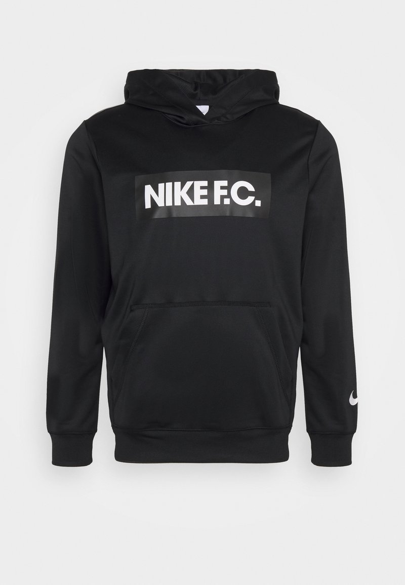 Schwarzer Hoodie aus glattem Material mit einer Fronttasche, einem großen weißen "NIKE F.C."-Logo und einem weißen Nike-Swoosh am Ärmel.
