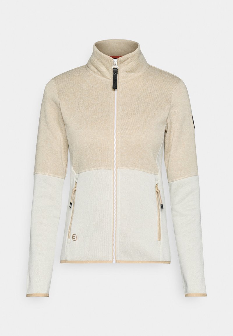 Chaqueta cremosa y beige con cremallera y cuello alzado, con bolsillos laterales con cremallera y texturas de tela contrastantes. Marca sutil en el dobladillo.