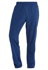 Blaue Sporthosen mit einem elastischen Bund, Seitentaschen und elastischen Bündchen an den Knöcheln. Hergestellt aus einem glatten, leichten Stoff.