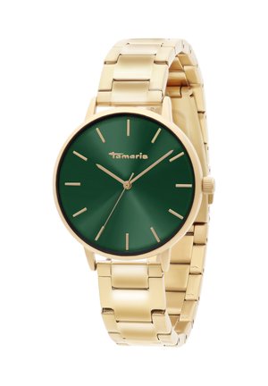 Goldfarbene Metallarmbanduhr mit grünem Zifferblatt, goldenen Stundenmarkierungen und Zeigern sowie einem miteinander verbundenen Armband im Stil eines Glieders.