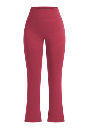 Red legging pants with a fitted high waistband and flared cuffs, made from stretchy fabric, featuring a smooth texture and no visible patterns.