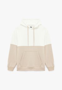 Sweatshirt met capuchon in beige en crème, met een voorzak, trekkoord capuchon, zacht materiaal en een kleurblok ontwerp.