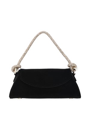 Geantă de mână din piele întoarsă neagră, cu clapetă rotunjită și mânere scurte, argintii, împletite, fixate cu capace metalice și noduri.