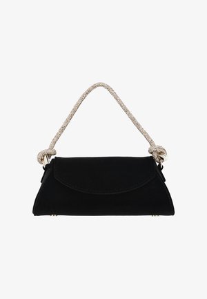 Musta mokkanahkainen käsilaukku, jossa on pyöreä läpällinen kansi ja lyhyt hopeinen punottu kahva, joka on kiinnitetty metallisilla päillä ja solmuilla.