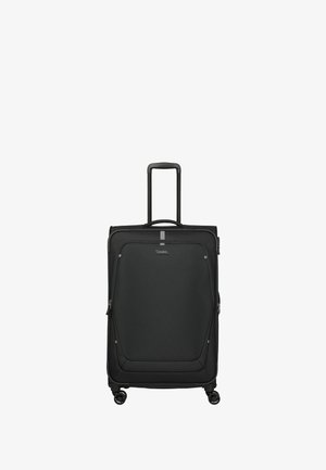Black wheeled suitcase with a textured fabric exterior, retractable handle, smooth rolling wheels, and a zippered closure.