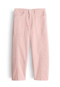 Pantaloni rosa chiaro a gamba dritta con grandi tasche applicate frontali, passanti per cintura e chiusura frontale con bottone e zip.