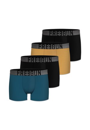 Quatre boxers pour homme en noir, jaune moutarde et bleu sarcelle, chacun avec une ceinture noire portant le nom de marque "FREEGUN" en gris.