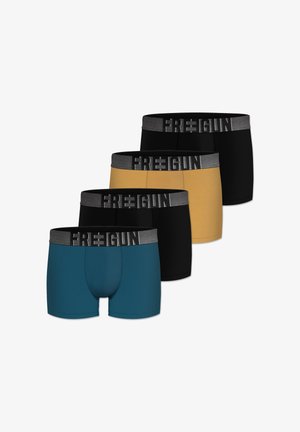 Quatre boxers pour homme en noir, jaune moutarde et bleu sarcelle, chacun avec une ceinture noire portant le nom de marque "FREEGUN" en gris.
