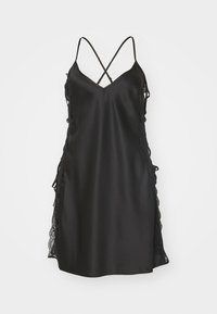 Black satin slip dress with a V-neck, thin crisscross straps, and lace detailing along the sides. Smooth texture, knee-length design.