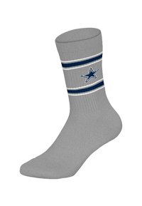 Szara skarpeta o prążkowanej fakturze, z niebiesko-białymi poziomymi paskami oraz granatowym logo gwiazdy na górnej części.