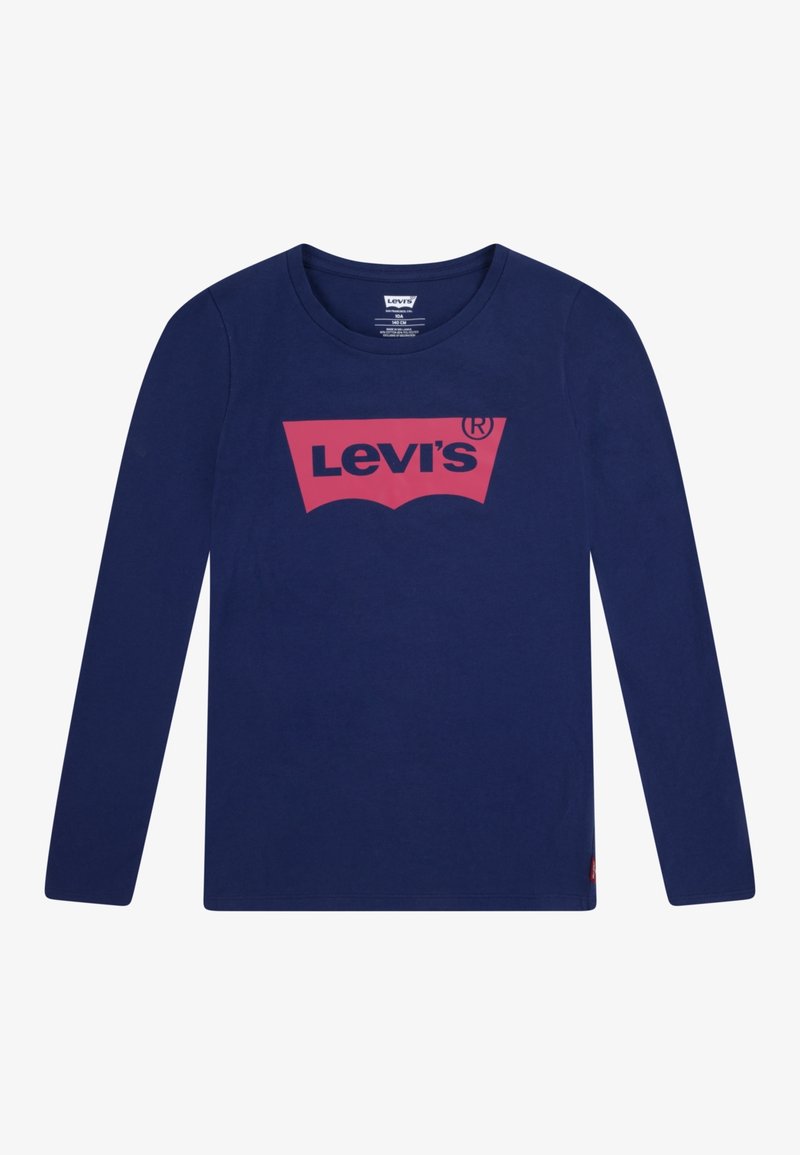 Camiseta de manga larga azul marino con el logotipo rojo de Levi's centrado en el pecho, cuello redondo y una pequeña etiqueta roja en el lateral inferior.