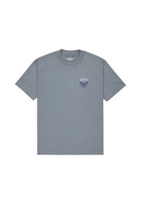Camiseta de algodón gris con manga corta, cuello redondo y un diseño de mariposa morada con el texto "RVCA" en el lado izquierdo del pecho.