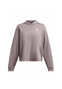 Sudadera con capucha de color malva claro, fabricada en un tejido suave. Presenta un corte holgado, mangas largas y un pequeño logo blanco en el pecho.