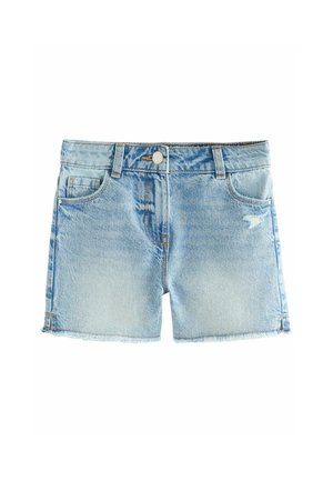 Shorts en denim bleu clair avec un ourlet effiloché, un design à cinq poches et un seul bouton en métal à la taille.