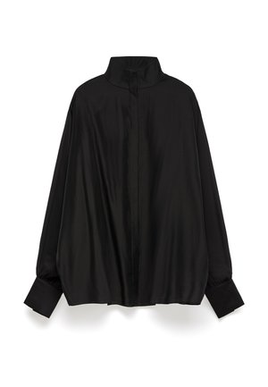 Black blouse with a high collar, long sleeves, and buttoned cuffs. Made of smooth, lustrous fabric, featuring a relaxed fit and center back seam.