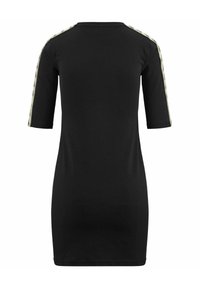 Abito corto nero a maniche corte con scollatura rotonda, caratterizzato da strisce sulle spalle beige testurizzate impreziosite da un motivo discreto.