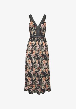 Floral maxi dress with a black background, featuring a deep V-neck, wide shoulder straps, and intricate trim along the bodice.