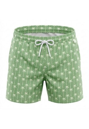 Short de bain vert avec motif de palmier blanc et taille à cordon blanc, conçu pour une tenue de plage décontractée.