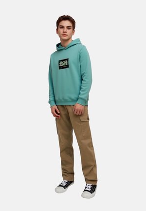 Ljusblå huvtröja med en mörk logotyp, kombinerad med beige cargobyxor och svarta sneakers med vita sulor. Stående pose.