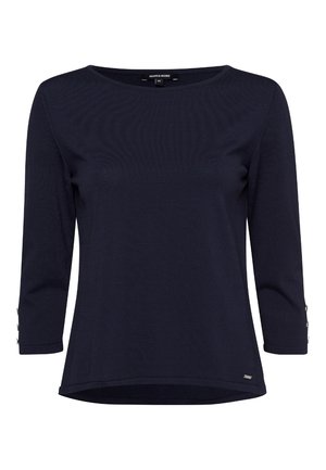 Marineblaues Langarmshirt mit rundem Ausschnitt und Knopfdetails an den Bündchen, leicht geschwungenem Saum und kleinem Metall-Logo vorne.
