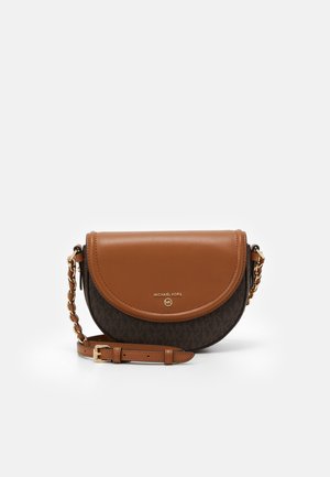 Brown and dark patterned half-moon crossbody bag with gold chain and adjustable leather strap, Michael Kors logo on front flap.