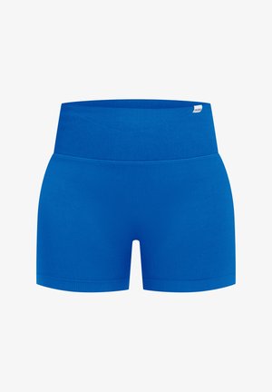 Blå atletiske shorts har en bred ribbet talje, en glat tekstur og et tætsiddende design, der slutter midt på låret. Ingen synlige mønstre eller detaljer.