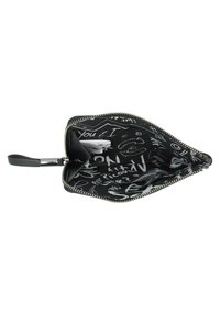 Black zippered pouch with an inner lining featuring white graphic text and patterns. Soft material and rounded shape with a wrist strap.