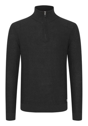 Svart strikket genser med høy krage og halv-zip-lukking. Glatt tekstur, lange ermer, og ribbestrikkede mansjetter og hem.