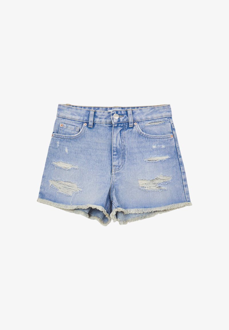 Shorts en denim bleu clair avec ourlet effiloché, détails usés et design à cinq poches. Comprend une fermeture à bouton et des passants de ceinture.