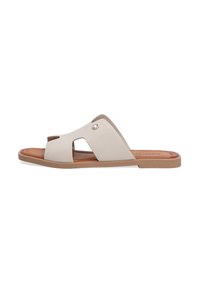 Beige slide sandal med udskæringsdesign, bl�ød syntetisk overdel og brun sål. Har en metalaccent nær buen for detaljer.