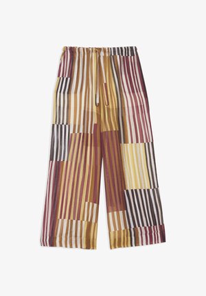 Losse brede broek met elastische tailleband, met verticale strepen in mosterdgeel, bordeaux, zwart en witte vlakken.