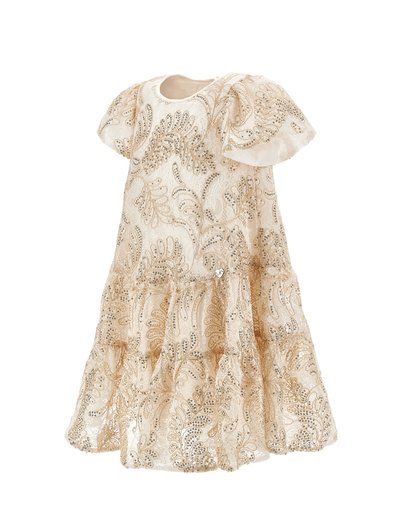 Μπεζ φορεματάκι για νήπια με φουσκωτά μανίκια, φούστα με στρώσεις και περίτεχνη χρυσή κεντητή διακόσμηση με πούλιες σε διαφανές δαντελωτό ύφασμα.