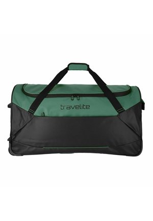 Grüne und schwarze Reisetasche mit doppelten Griffen, Reißverschluss und kontrastierenden grünen Akzenten. Hergestellt aus strapazierfähigem, strukturiertem Stoff.
