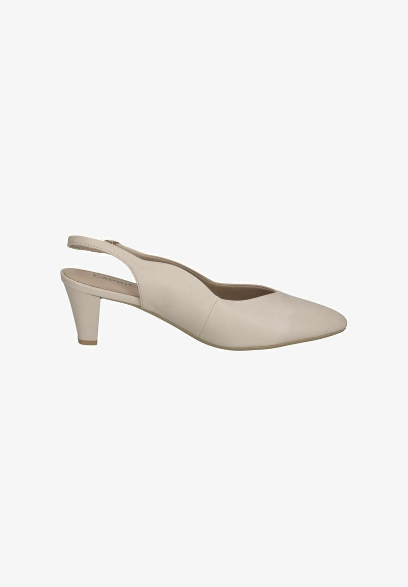 Beige Slingback-Pumps mit spitz zulaufender Zehenpartie und 5 cm kegelförmigem Absatz. Glattes Leder mit minimalen Nähten und seitlichem Reißverschlussdetail.