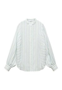 Blouse à manches longues rayée vert clair et blanc avec un col haut, des boutons à l'avant et des manches bouffantes froncées. Tissu lisse et doux.