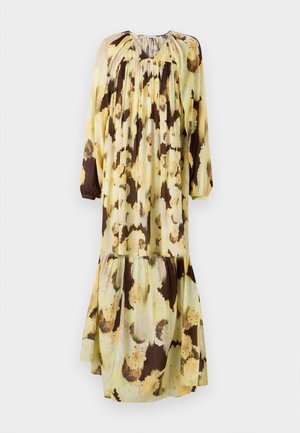 Vestido longo estampado de flores em amarelo e castanho. Feito de tecido leve com um corte descontraído, apresentando mangas longas e um design em camadas.
