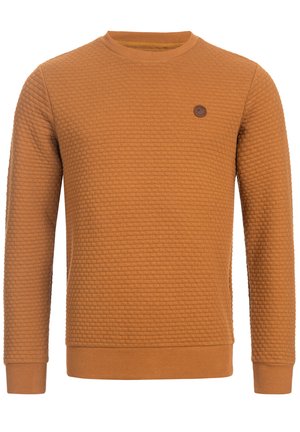 Ruskea pitkähihaisen pyöreäkauluksisen neulepuseron kuvioitu pinta, jossa on resorit hihansuissa ja helmassa sekä pieni pyöreä logo vasemmassa rinnassa.