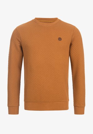 Barna texturált hosszú ujjú, kerek nyakú pulóver bordázott mandzsettákkal és szegéllyel, bal oldalon a mellrészen egy kis kerek logóval.